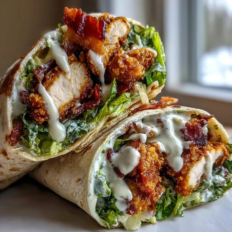 Freshly assembled Crispy Chicken Bacon Caesar Wraps, filled with crunchy romaine, juicy chicken, and bacon, served on a white plate.