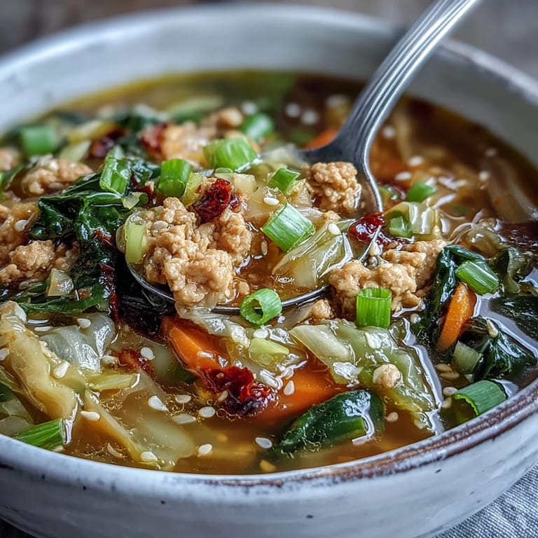 Hot Egg Roll Soup with Chicken & Cabbage in a rustic bowl, featuring tender chicken and shredded carrots.