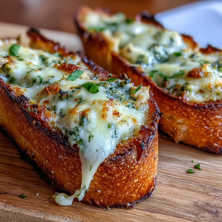 Golden-brown Pesto Chicken Garlic Bread Boats on a wooden cutting board, stuffed with creamy pesto chicken and melted cheese, ready to slice and share as a hearty appetizer.