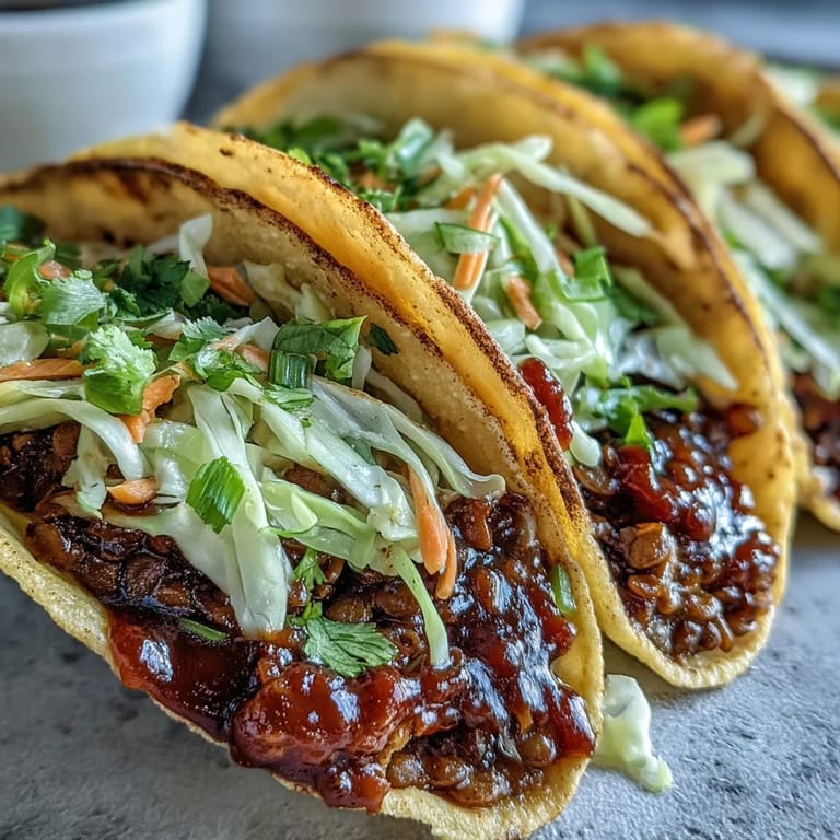 Stovetop Vegan BBQ Lentil Tacos served with lime wedges and vibrant purple cabbage slaw for a fresh dinner.