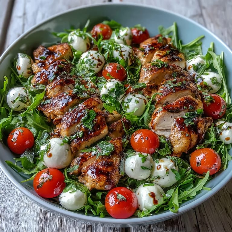 A close-up of juicy sliced grilled chicken Caprese bowls with balsamic reduction drizzle over baby arugula.