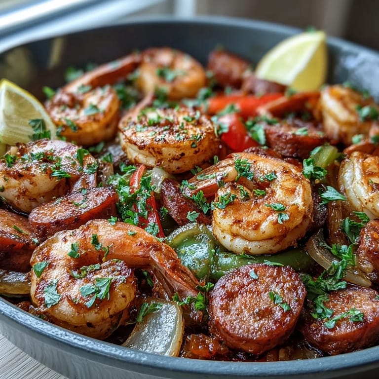 Keto Cajun Shrimp and Sausage Skillet served over cauliflower rice with lemon wedges, showcasing a low-carb dinner.