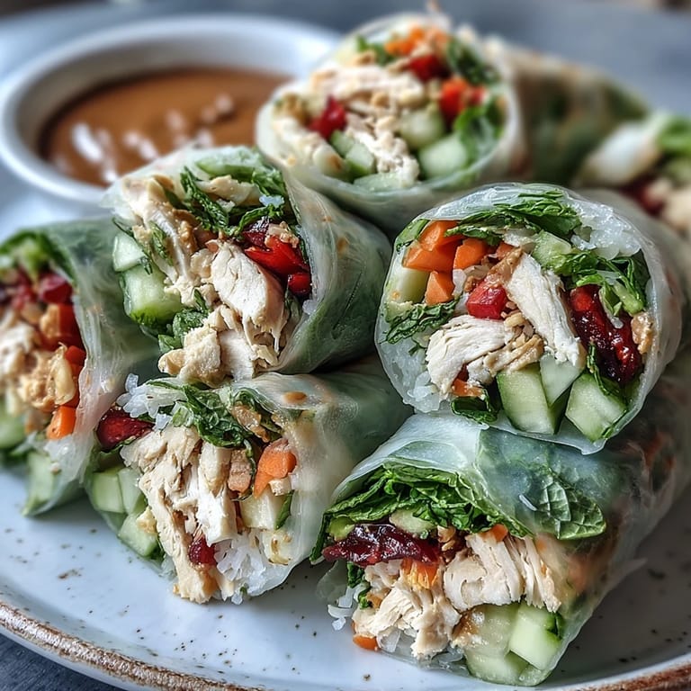 Fresh, crisp Light Chicken and Veggie Spring Rolls with Peanut Sauce resting on a bamboo platter, served with a creamy dipping sauce.