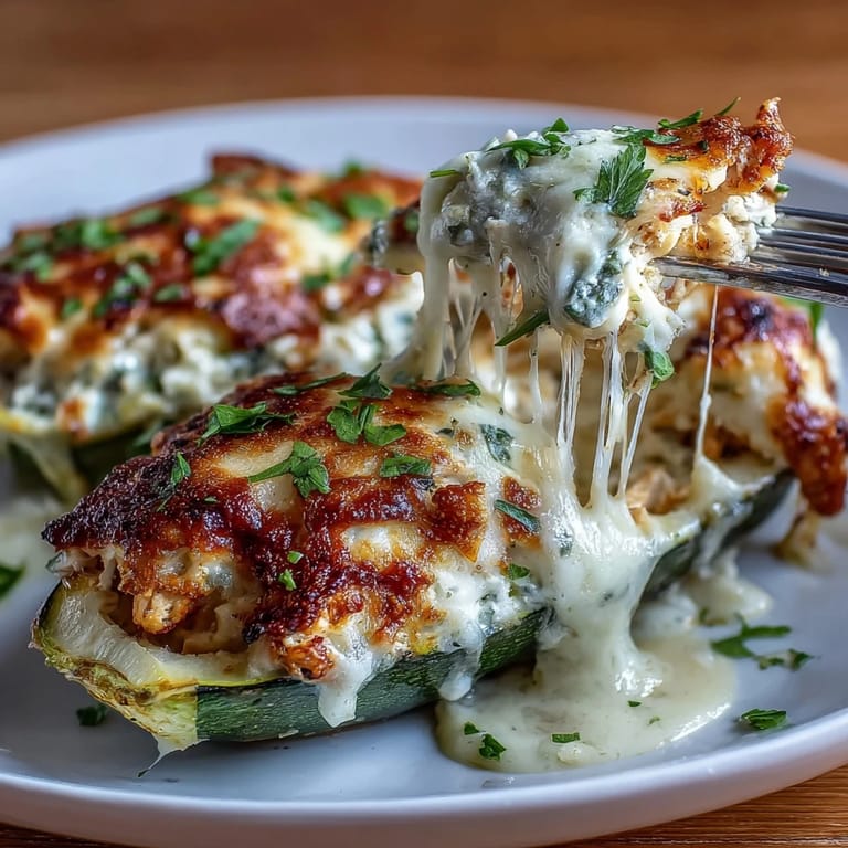 Savory Keto Creamy Garlic Chicken Zucchini Boats baked with garlic cream sauce and gooey mozzarella topping.