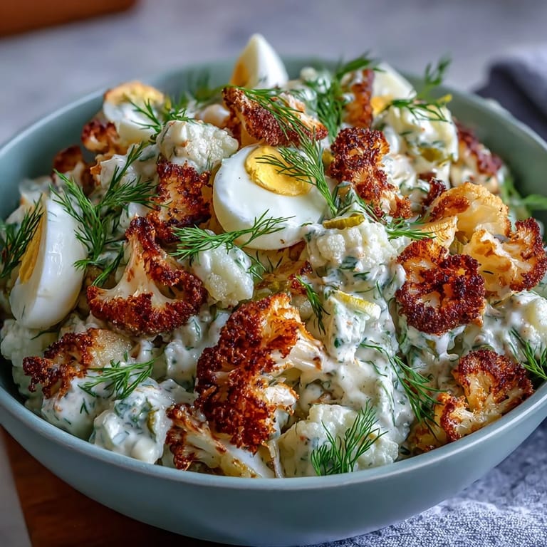 Low-carb cauliflower potato salad with creamy dressing, dill pickles, and eggs, ideal for summer barbecues and picnics.