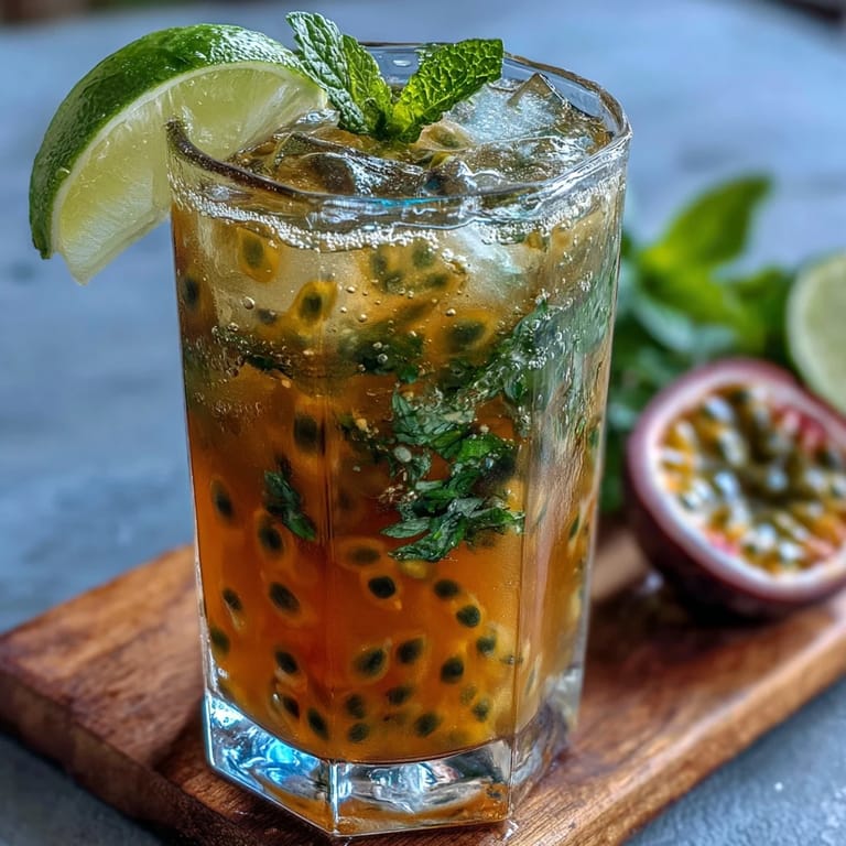 Vibrant passionfruit mojito cocktail garnished with mint and lime, served over ice.  