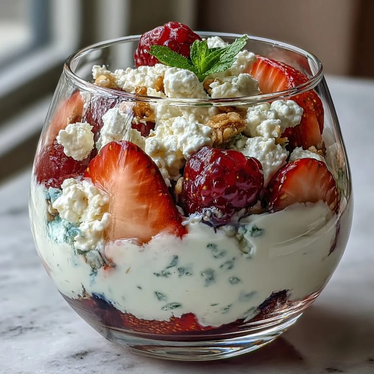 Creamy cottage cheese, vibrant berries, and golden granola create a colorful, healthy parfait in a clear glass, perfect for a quick morning meal.