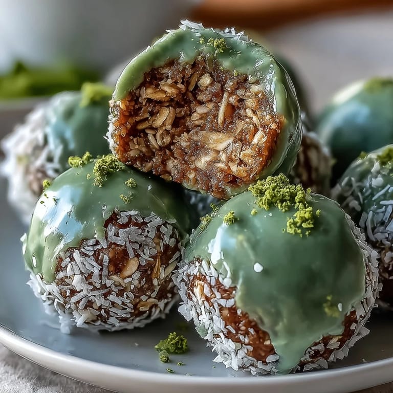 Wholesome no-bake matcha coconut energy balls with oats, perfect for a quick energy boost and a naturally green treat.  
