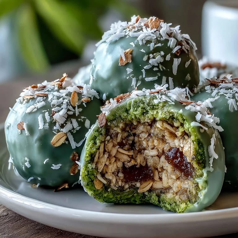 Creamy matcha coconut energy balls with oats, featuring a nutty flavor and tropical coconut coating for an energizing snack.