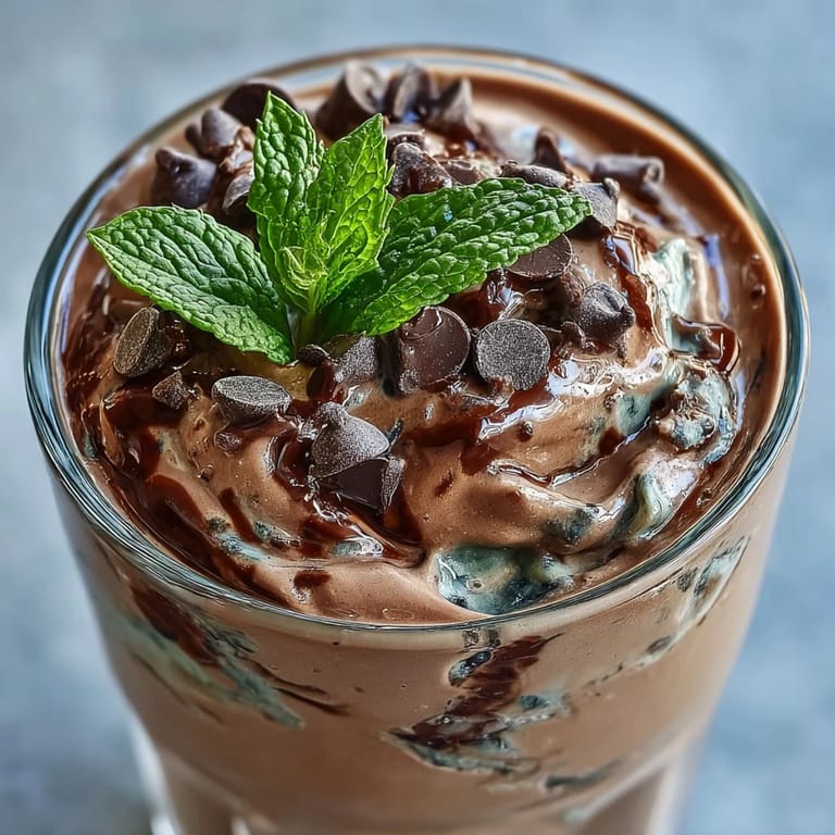 A frosty, nutrient-packed shake featuring chocolate protein powder, peppermint extract, and spinach, garnished with fresh mint leaves and chocolate chips.