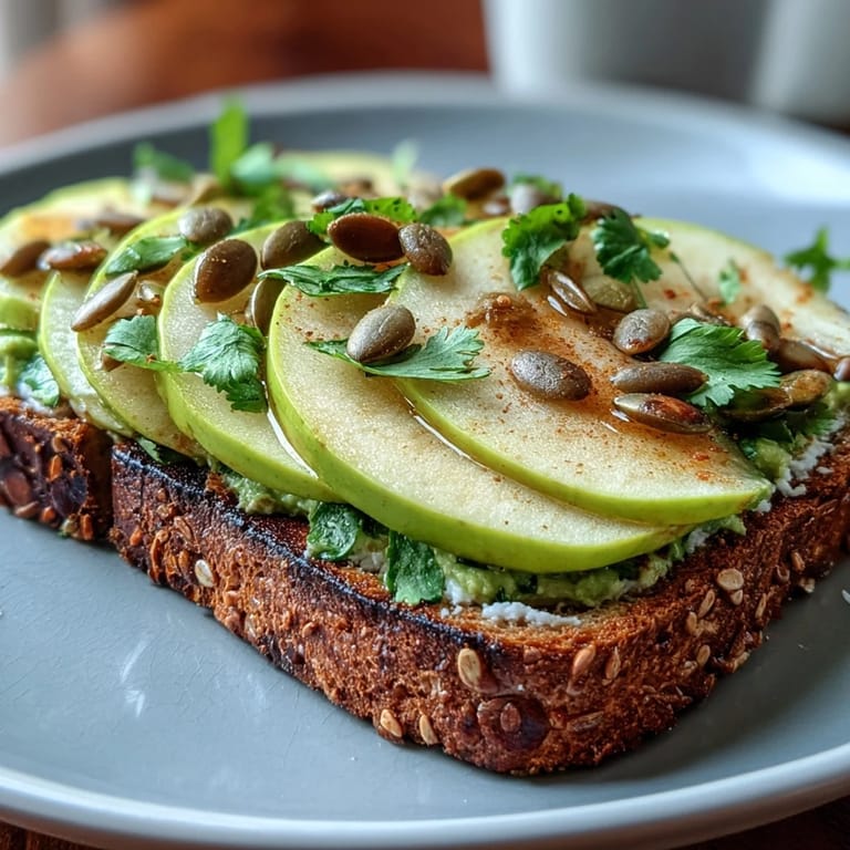 Nutritious avocado and green apple toast sprinkled with pepitas, garnished with fresh herbs for a colorful morning meal.