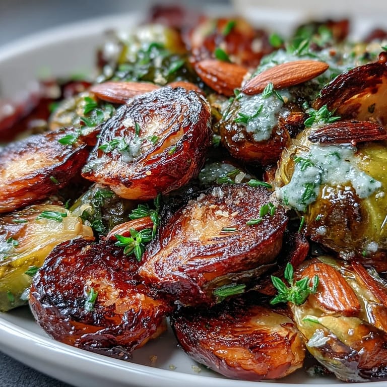 Crisp Brussels sprouts roasted with lemon and herbs, garnished with toasted almonds for a nutty, flavorful bite.
