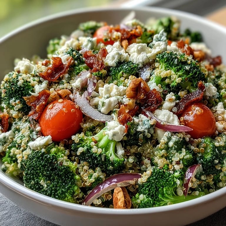 A wholesome vegetarian bowl featuring fluffy quinoa, crisp-tender broccoli, sweet peas, and tangy feta cheese crumbles.  