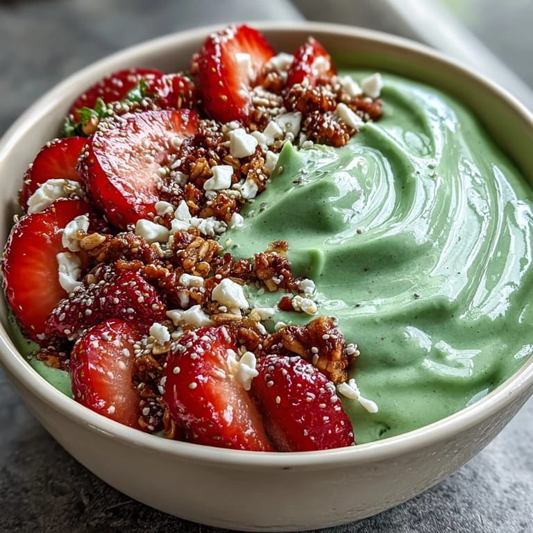 Vibrant smoothie bowl blending sweet strawberries and earthy matcha, topped with granola, coconut, and chia seeds.  
