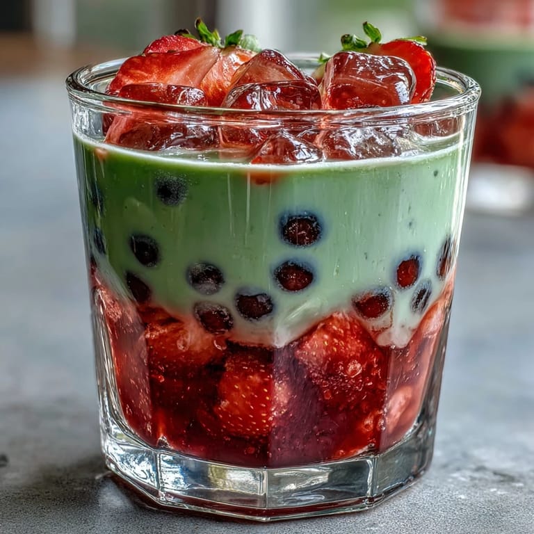 Layers of strawberry purée, matcha milk, and tapioca pearls create a refreshing boba-inspired drink with rich, fruity, and earthy flavors.