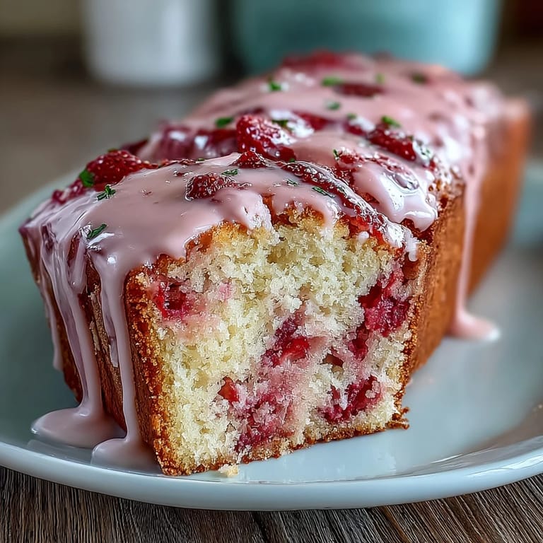 Buttery vanilla pound cake marbled with vibrant homemade strawberry swirl, topped with a shiny vanilla glaze.  