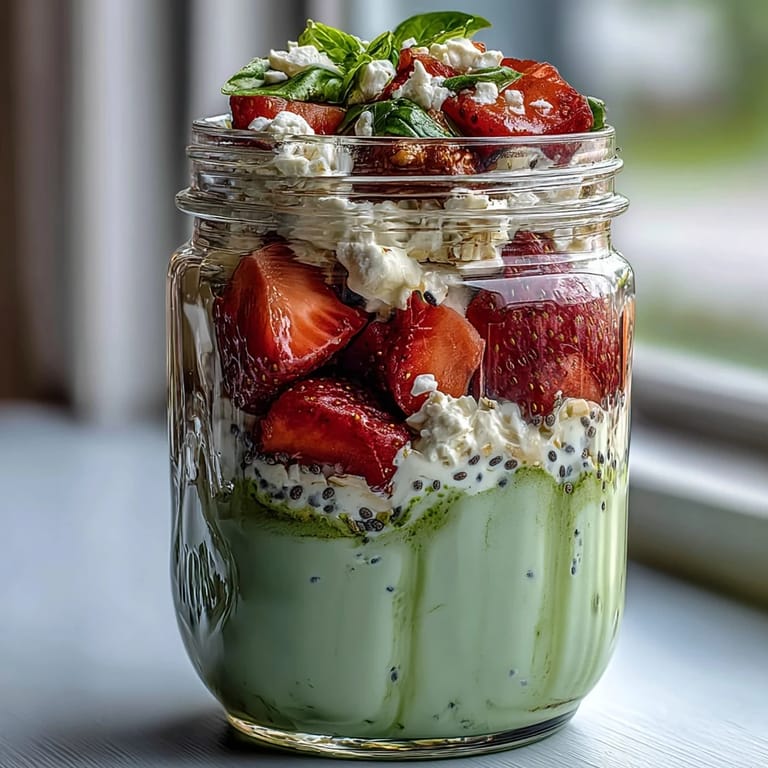 Strawberry Matcha Latte Overnight Oats in mason jars, garnished with fresh strawberries and a sprinkle of matcha for a vibrant, nourishing meal.