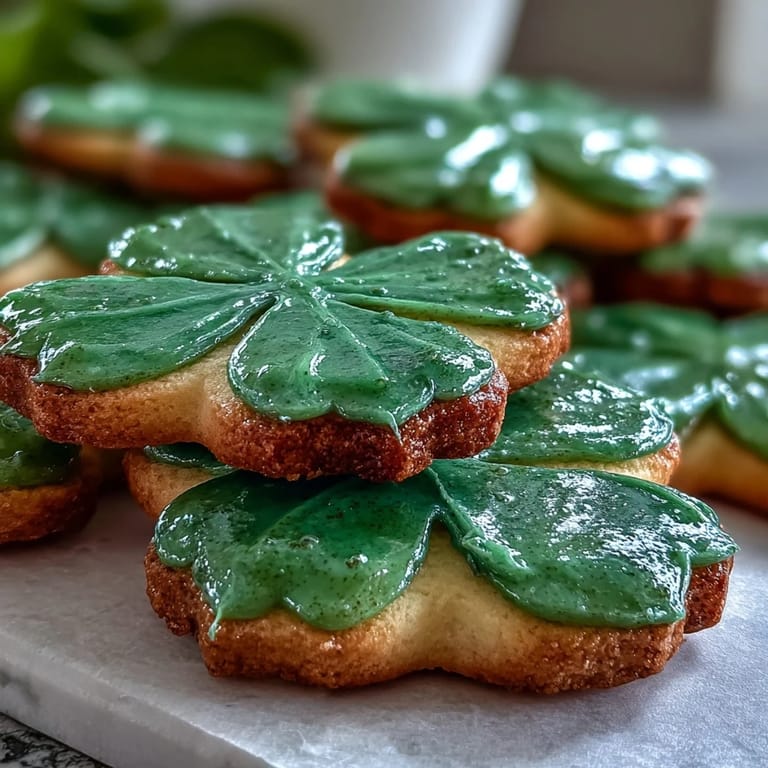 Buttery shamrock-shaped sugar cookies decorated with smooth green royal icing and edible glitter, ideal for St. Patricks Day dessert tables.
