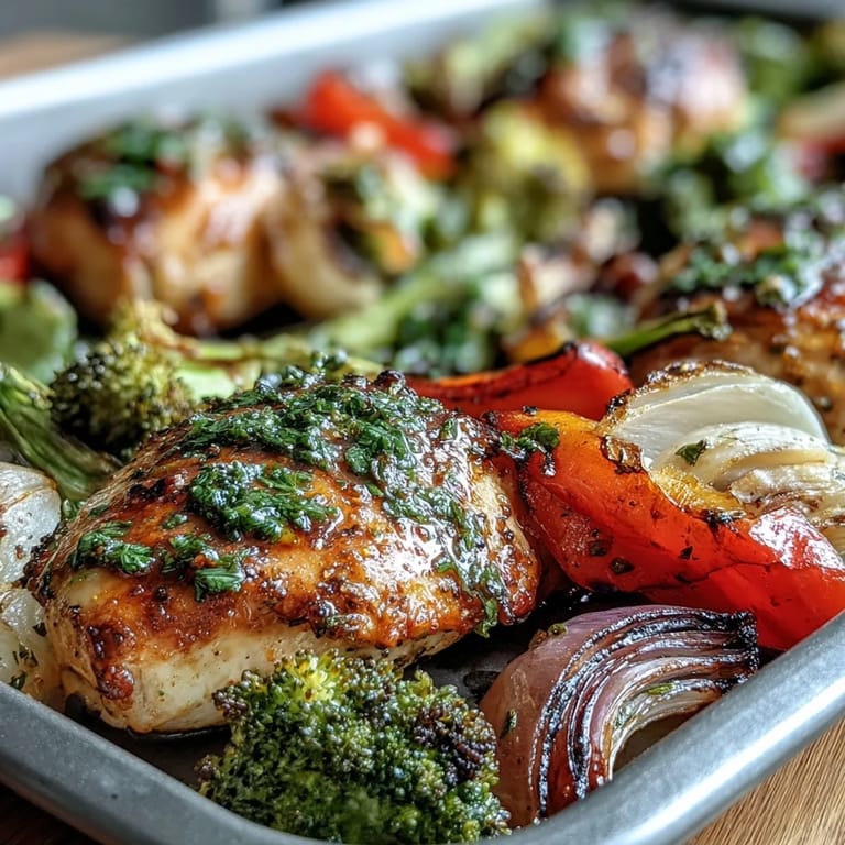 Colorful roasted chicken and veggies on a sheet pan, seasoned with Italian herbs and olive oil for a quick, wholesome dinner.