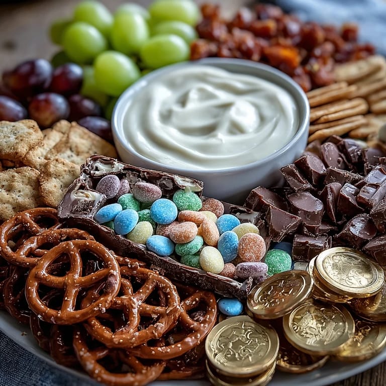Vibrant St. Patricks Day Treats Board with Lucky Charms Bark, gold coins, and chocolate-dipped strawberries for a sweet celebration.