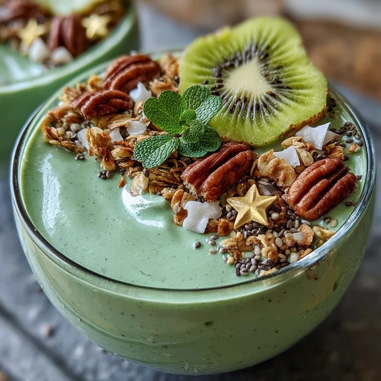 A thick, nutrient-packed St. Patrick's Day smoothie bowl with kiwi shamrock design and crunchy granola for a healthy celebration.
