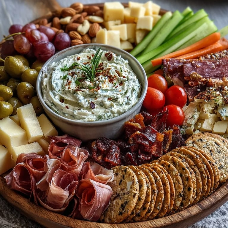 Colorful housewarming charcuterie spread featuring prosciutto, brie, hummus, and fresh fruits, ideal for sharing.
