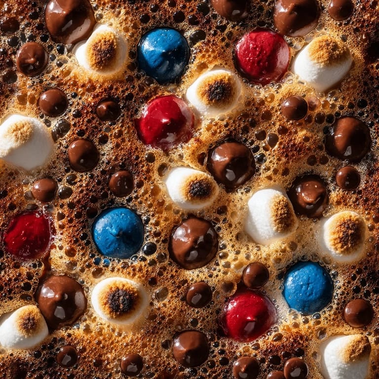 Melted chocolate and golden marshmallows create a festive Fourth of July smores dip, served warm in a cast iron skillet.