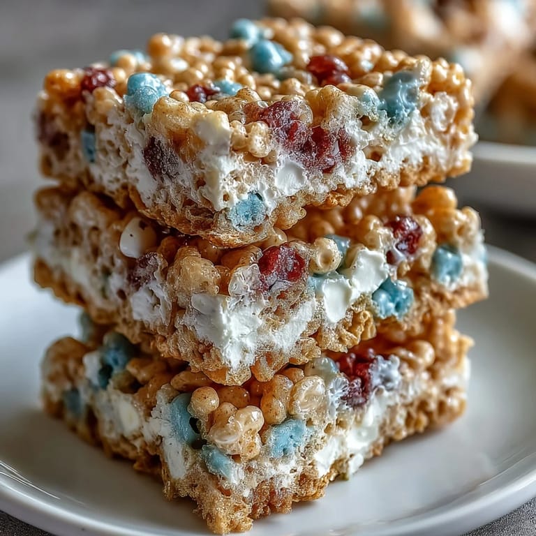 Festive layered Rice Krispies treats in red, white, and blue, topped with sprinkles for holiday cheer.
