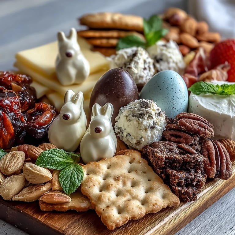 Charcuterie board featuring mini Easter baskets filled with fresh mozzarella, salami, berries, and pastel candies—perfect for spring gatherings.