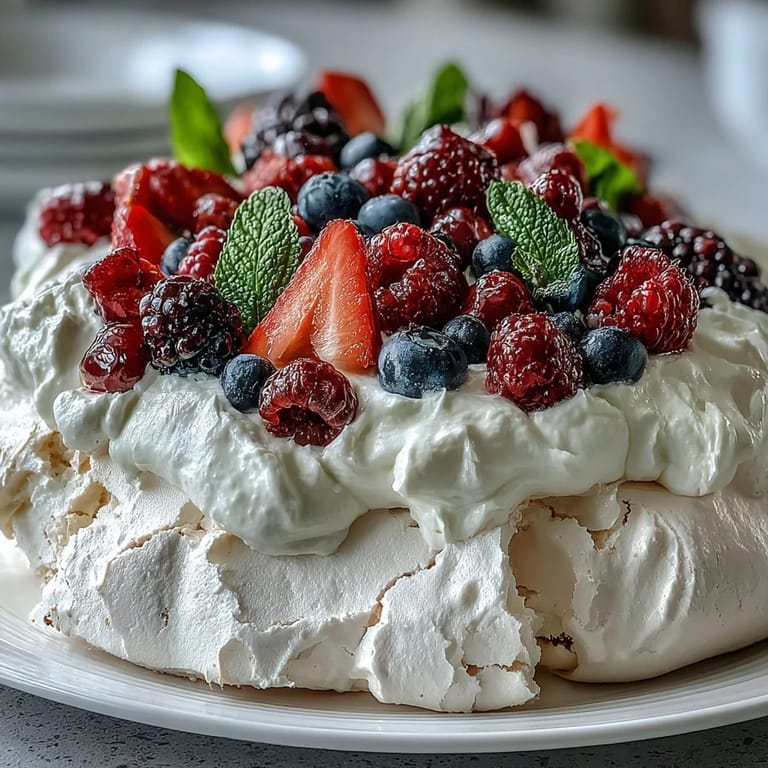 Elegant pavlova dessert with golden-brown meringue shell, soft cream, and vibrant fresh berries for a stunning finish.