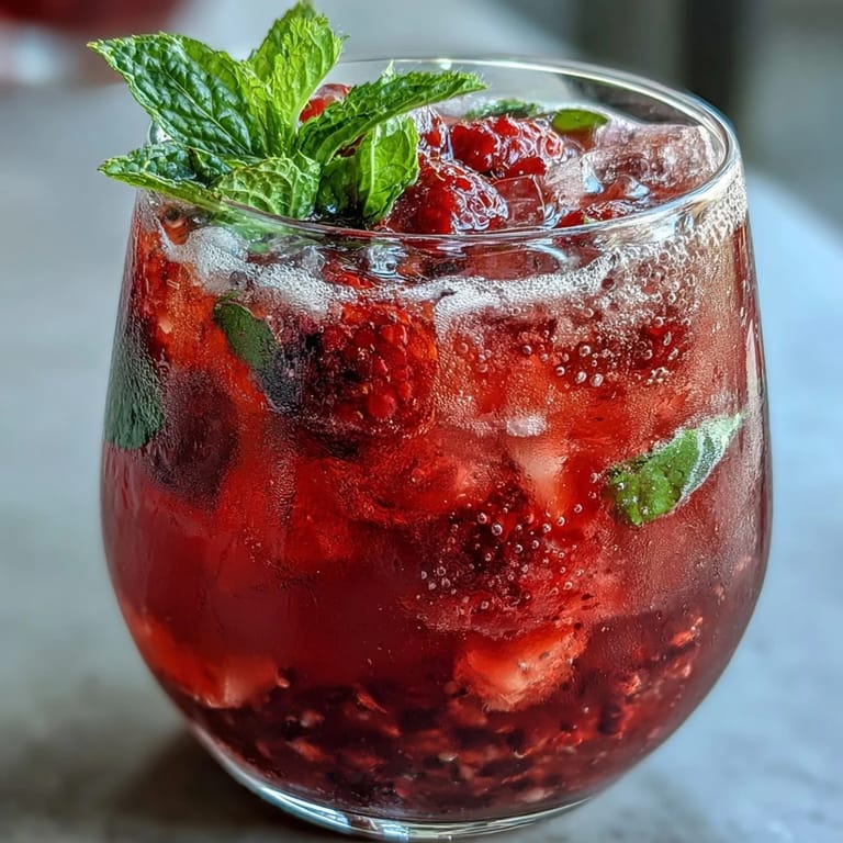 Refreshing raspberry lemon spritz mocktail garnished with mint and served over ice for summer sipping.  