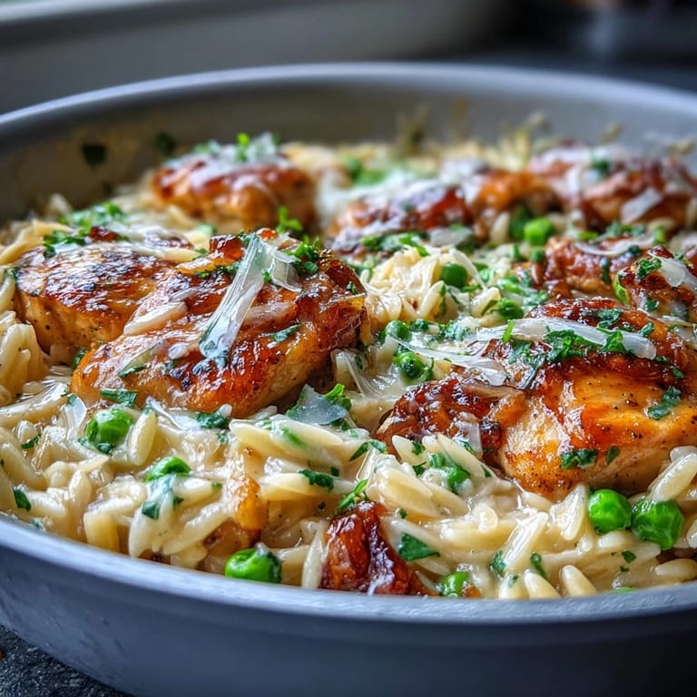 Bright and zesty One-Pot Lemon Orzo with Chicken and Peas, featuring tender chicken and vibrant green peas.