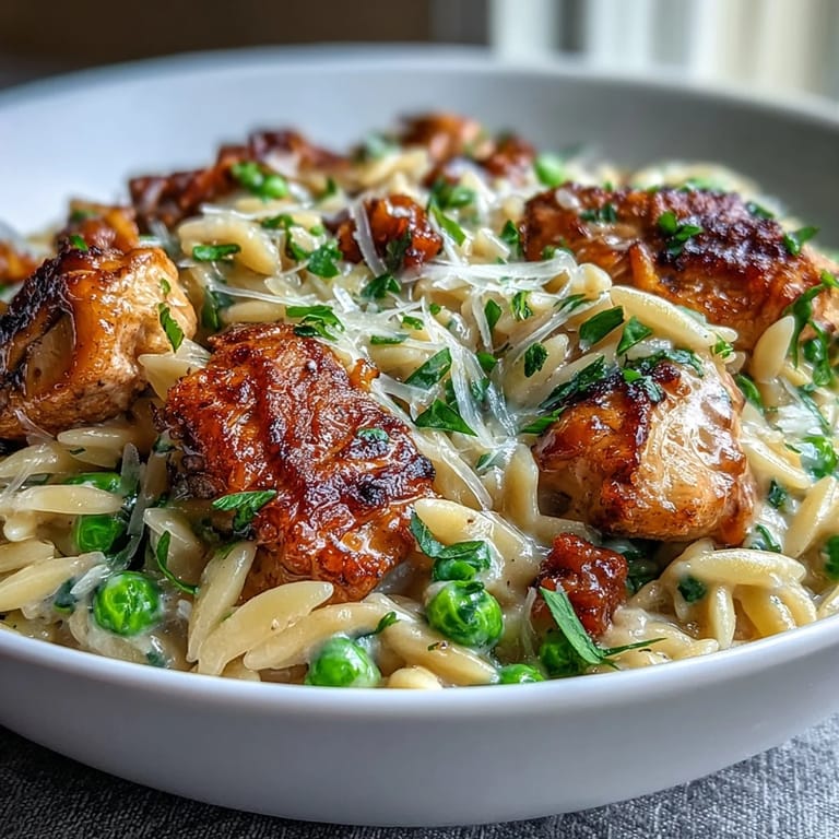 Creamy One-Pot Lemon Orzo with Chicken and Peas, cooked in a single skillet for easy, comforting spring dinner.