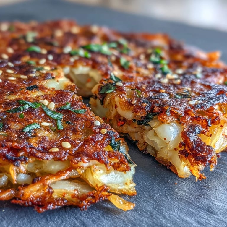 Pan-fried kimchi pancakes with crisp cabbage and bold flavors, perfect for sharing with friends or family.