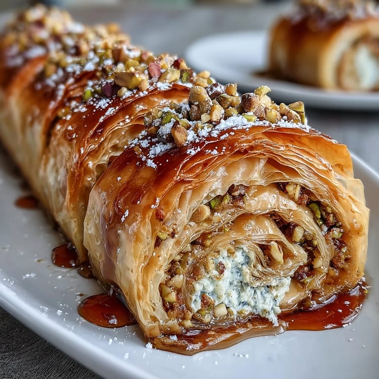Delightful Middle Eastern pistachio baklava rolls, layered with buttery phyllo and topped with chopped nuts.