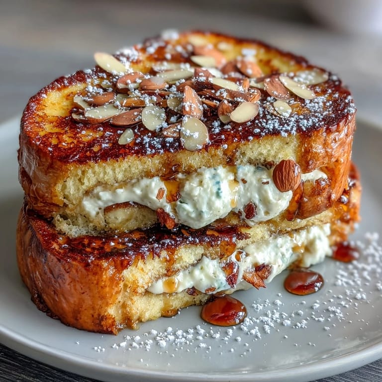 Decadent almond croissant French toast, pan-fried to perfection, topped with crunchy toasted almonds and a dusting of powdered sugar.