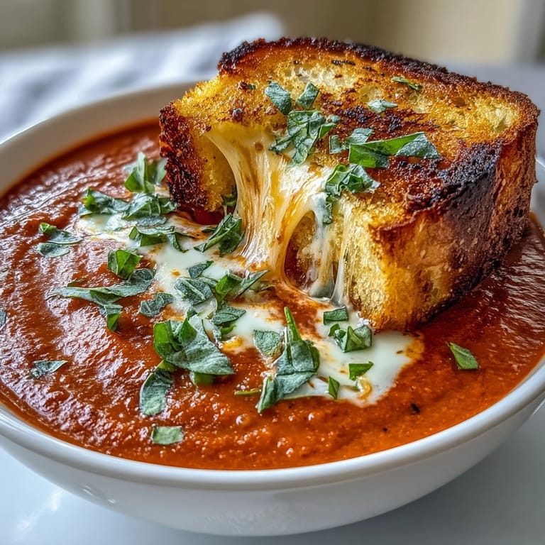 Rich tomato basil soup with crispy grilled cheese croutons, a cozy American classic for chilly days.