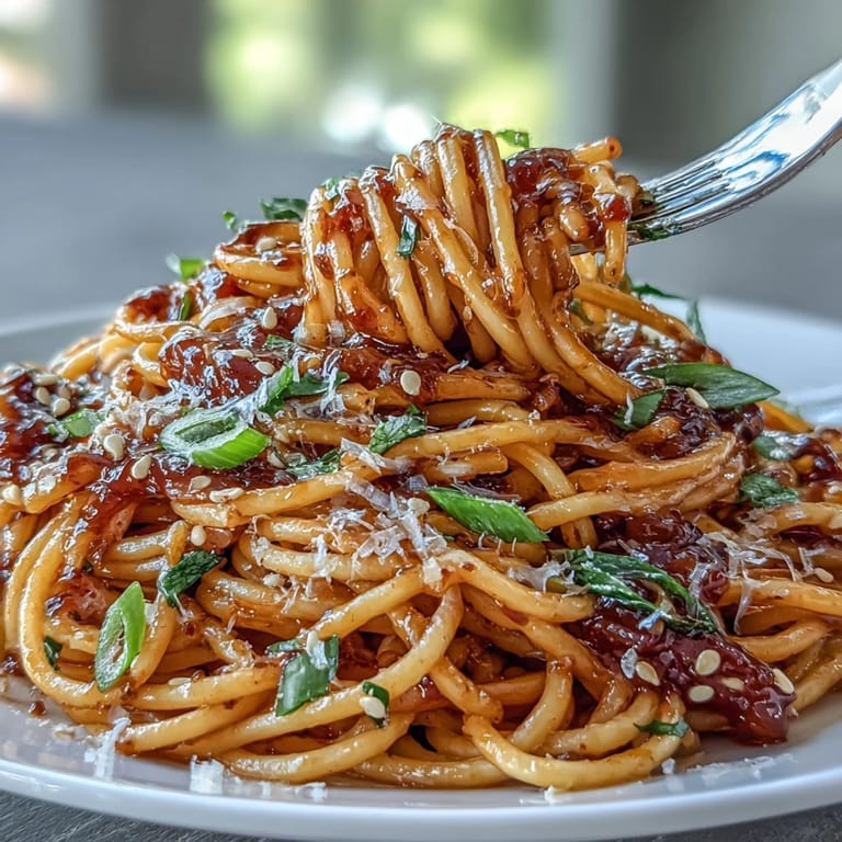 Creamy gochujang butter pasta with vibrant red sauce clings to linguine, finished with a sprinkle of toasted sesame seeds and fresh herbs.