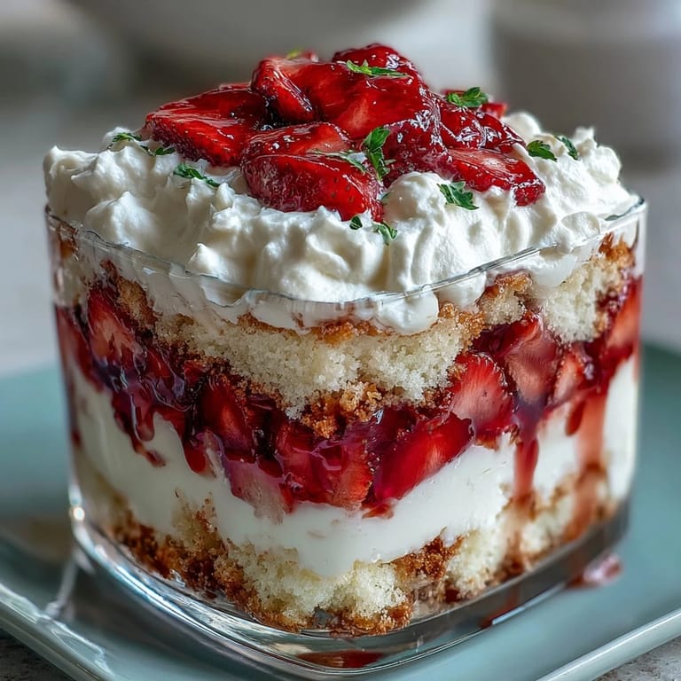 Beautiful trifle dessert with juicy strawberries, soft cake cubes, and fluffy whipped cream in a clear glass bowl.  