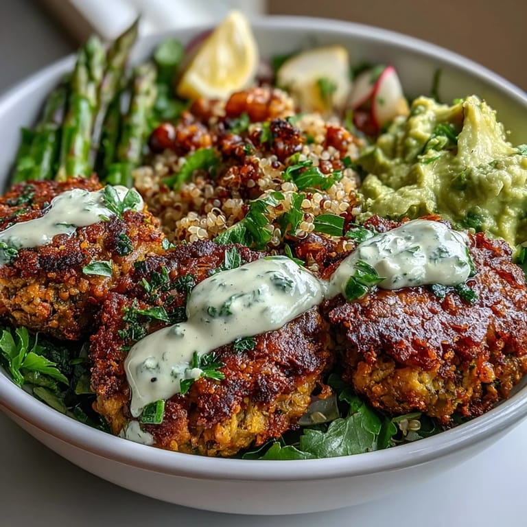 Fresh and colorful spring buddha bowl featuring seasonal vegetables, golden falafel, and creamy avocado over quinoa, topped with pumpkin seeds.