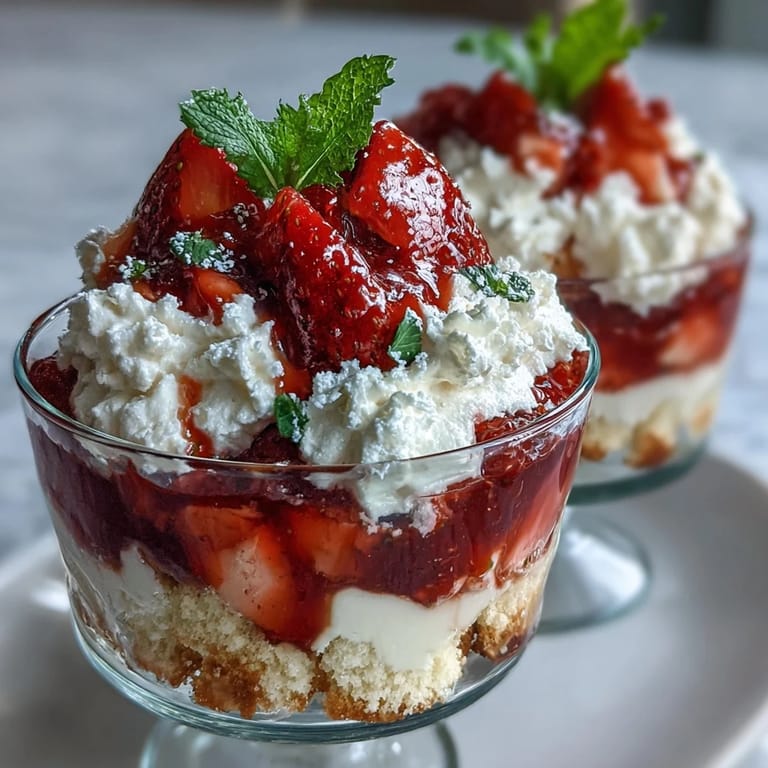 Classic strawberry shortcake trifle featuring tender vanilla cake, sweet berries, and clouds of whipped cream in elegant layers.