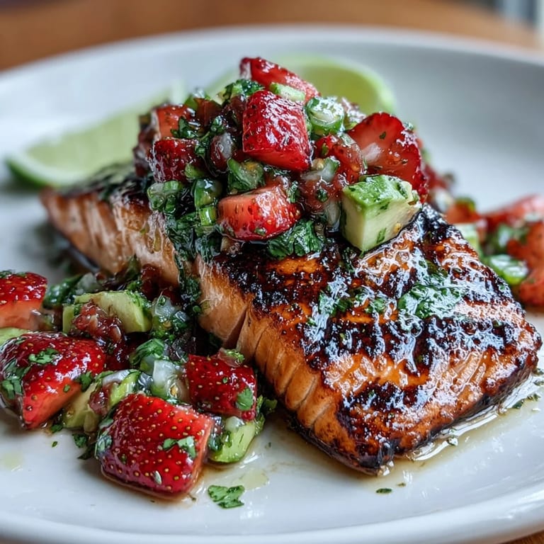 Juicy grilled salmon fillets crowned with refreshing strawberry avocado salsa, ideal for a quick dinner.