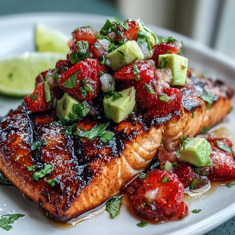 Flaky grilled salmon adorned with colorful strawberry avocado salsa, a truly delicious and healthy entree.