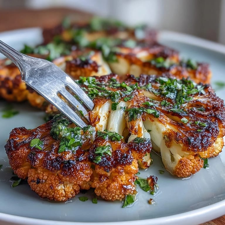 Grilled BBQ cauliflower steaks, piled high with zesty, herbaceous chimichurri.