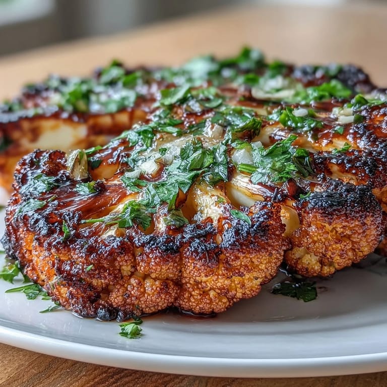 Charred, tender BBQ cauliflower steaks generously drizzled with bright chimichurri.