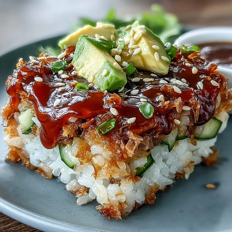 A delicious Crispy Rice Salad with Avocado and spicy tuna, ready to be enjoyed.