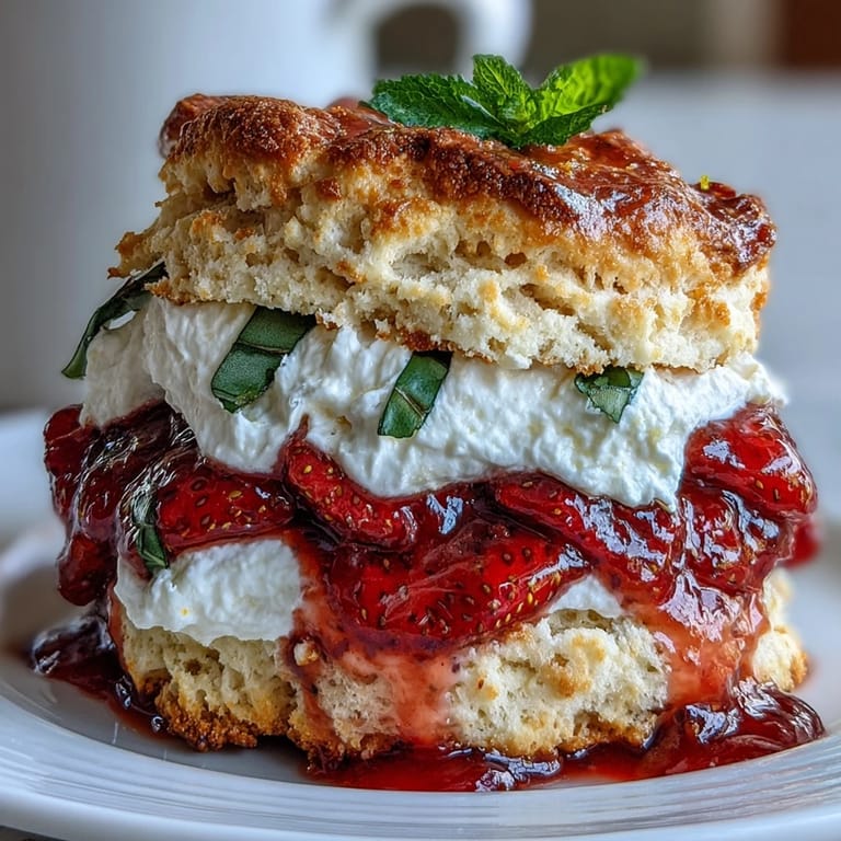 Juicy strawberry basil shortcake biscuits, ready to be enjoyed with creamy whipped topping.