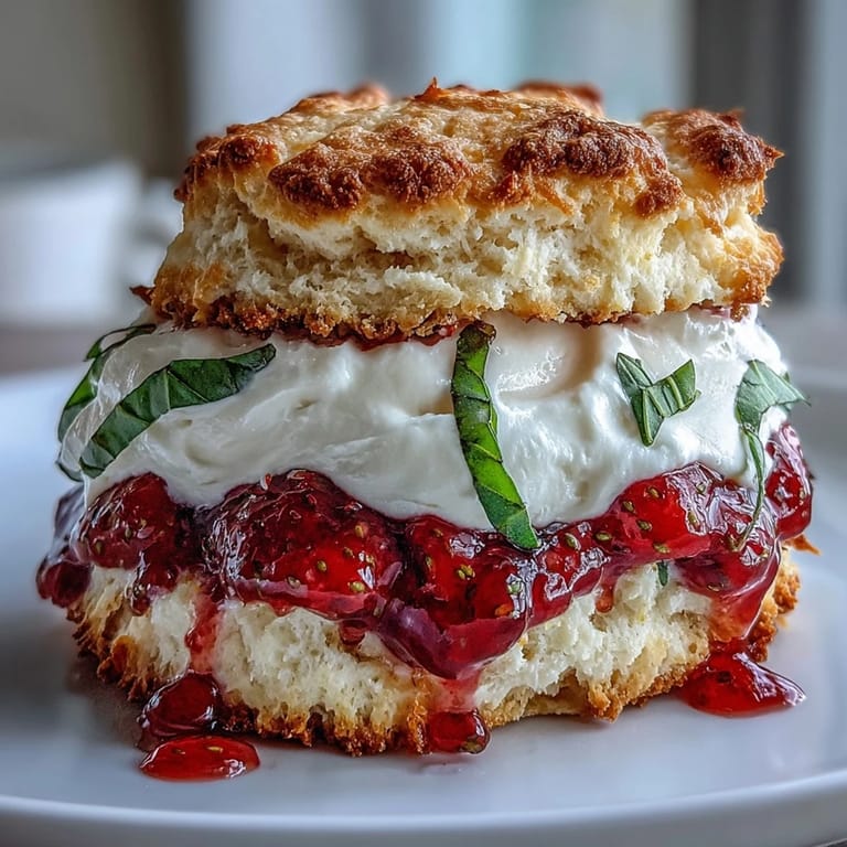 Buttery, tender Strawberry Basil Shortcake Biscuits, artfully layered for a summer delight.