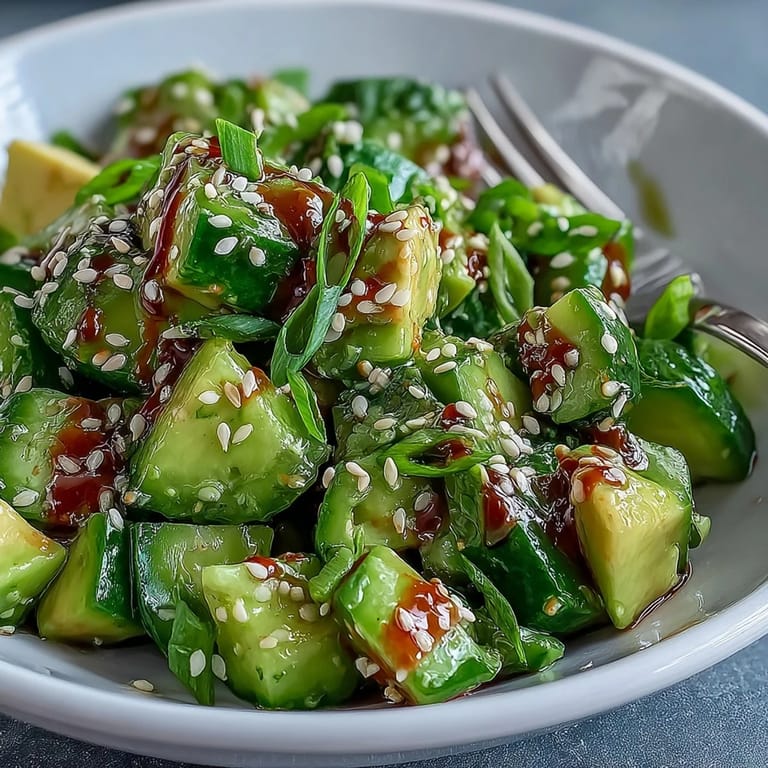 Delicious Smashed Cucumber and Avocado Salad with Sesame, topped with crunchy seeds.