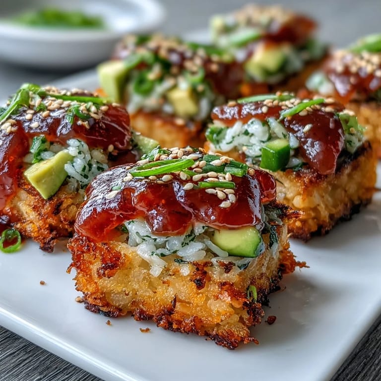Fresh Crispy Rice Salad with Avocado and spicy tuna, a flavorful main dish.